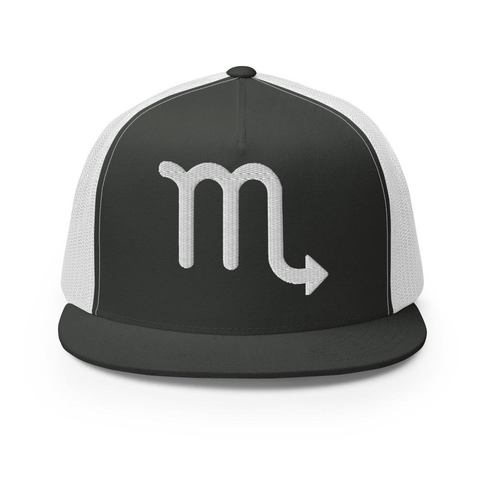Scorpio Zodiac Embroidered Flat Bill Trucker Hat - Charcoal/White Color - https://ascensionemporium.net